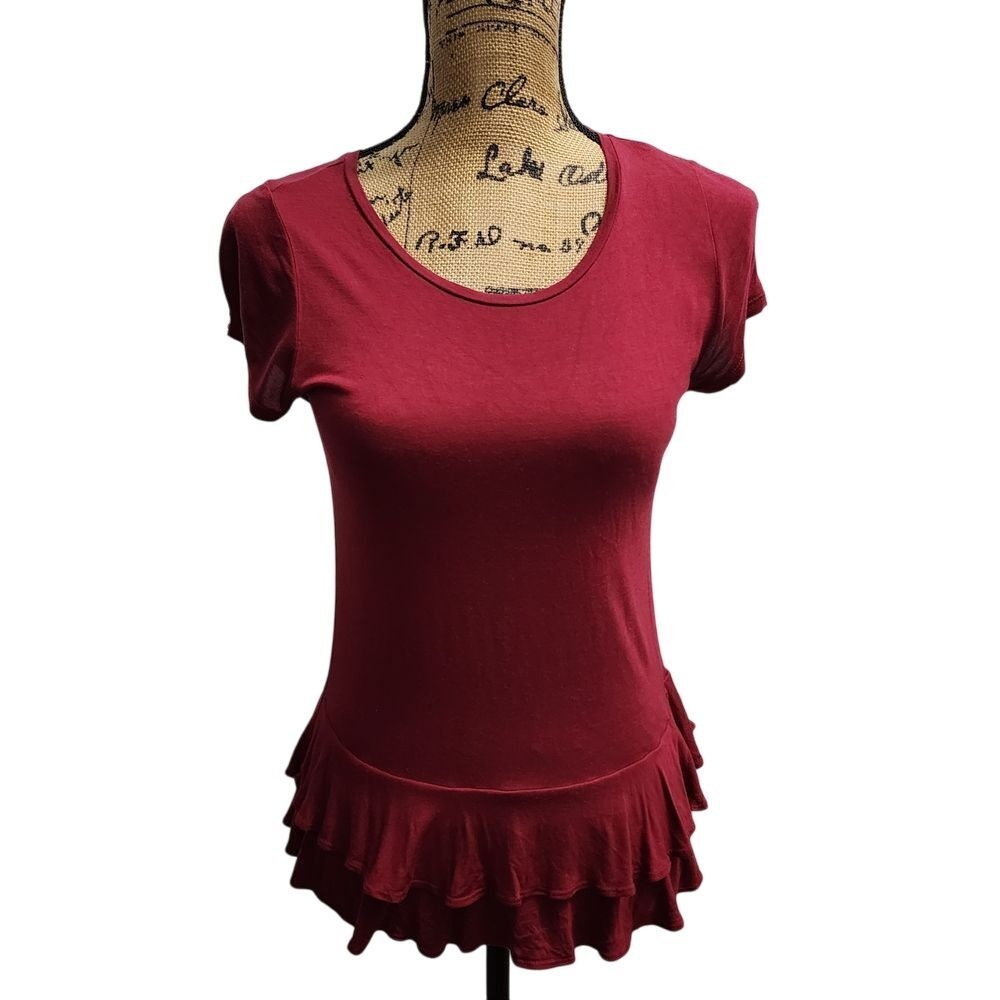 LOFT Burgundy Ruffle‎ Hem Cap Sleeve Top Feminine Layered Peplum Petite SP